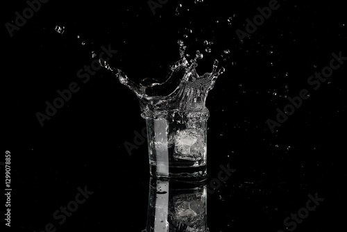vaso de agua cayendo un hielo y haciendo un splash: