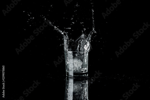 vaso de agua cayendo un hielo y haciendo un splash:
