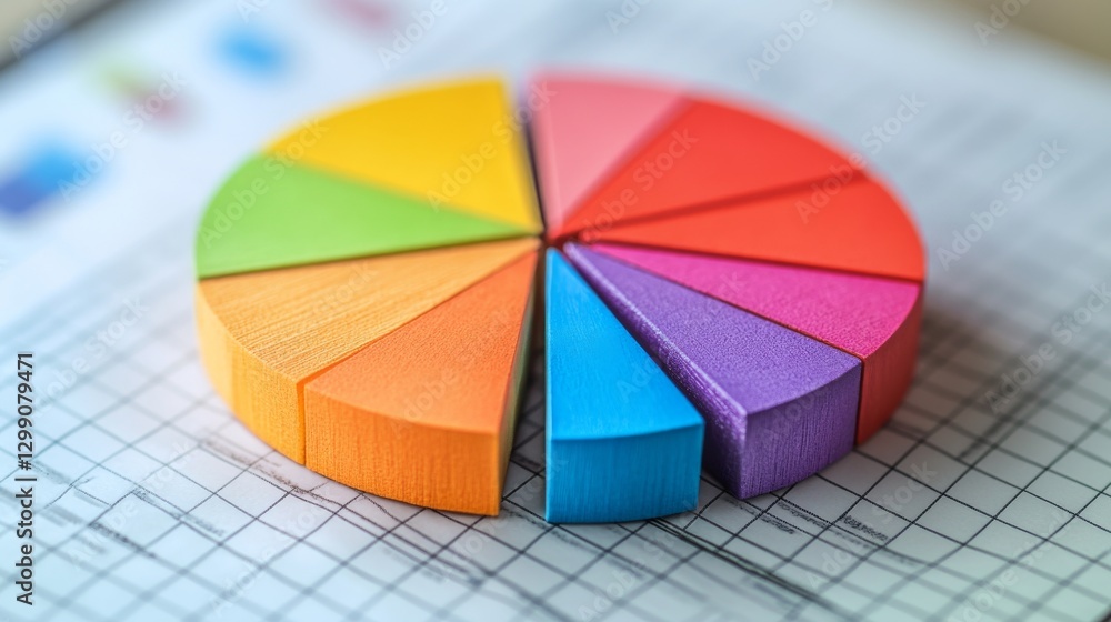 Obraz premium Colorful pie chart made of wooden segments on a grid paper backdrop in a bright workspace
