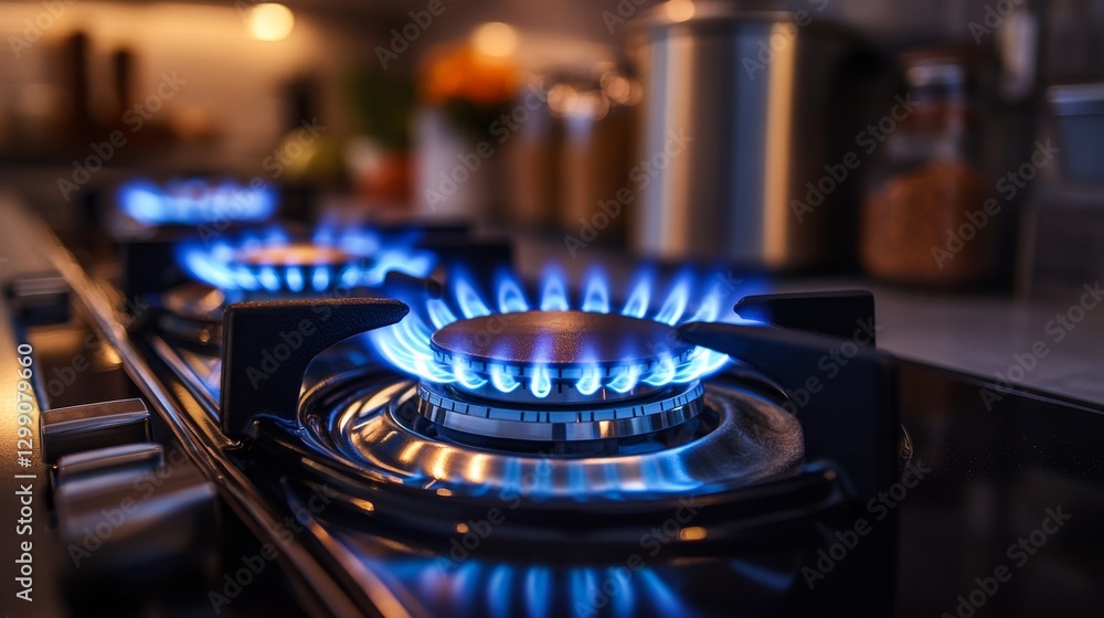 Flames dancing from a gas stove in a modern kitchen during evening cooking preparations Flames dancing from a gas stove in a modern kitchen during evening cooking preparations