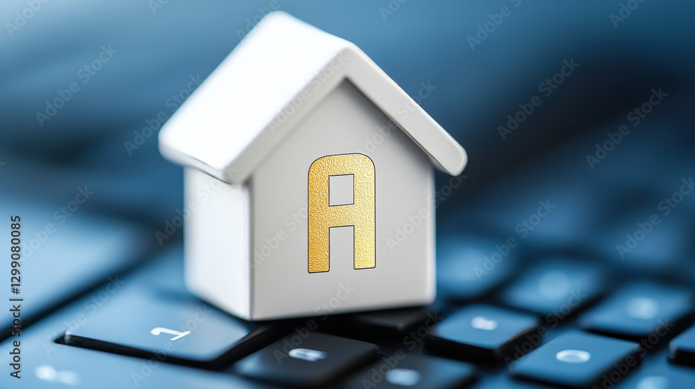 modern house model on keyboard symbolizes smart home technology