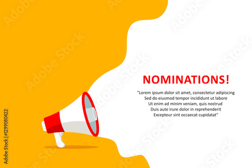 Nominations, banner with megaphone. Nominations speech bubble banner. Vector illustration for retail shopping online marketing template, banner, poster, and background.