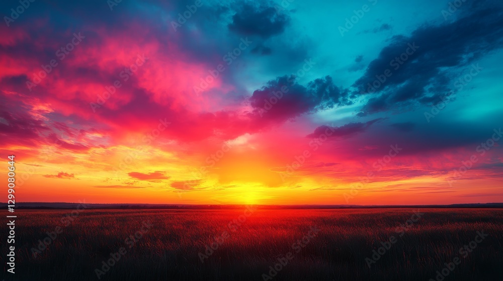 Fototapeta premium Vibrant sunset paints the sky with brilliant colors over tranquil plains