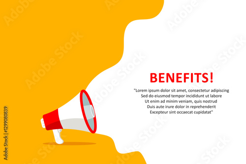 Megaphone with benefits speech bubble. Loudspeaker. Banner for business, marketing and advertising. Vector illustration