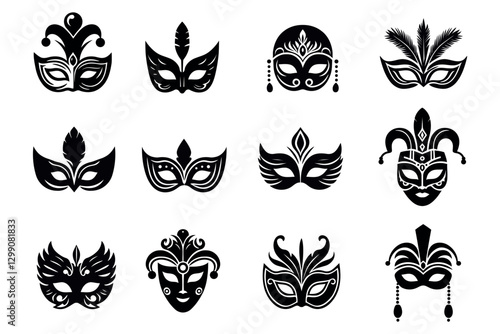 Set of carnival masks silhouettes. Black vector icons of masquerade masks, for party, parade and carnival