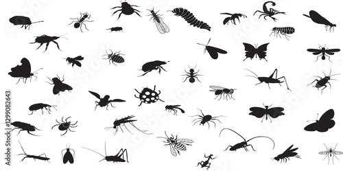 Insect silhouette collection, diverse bug species. Educational visual resource, insect vector set