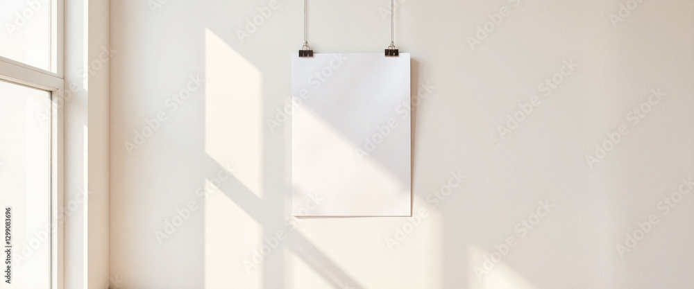Blank poster mockup hanging in bright interior, minimalist design