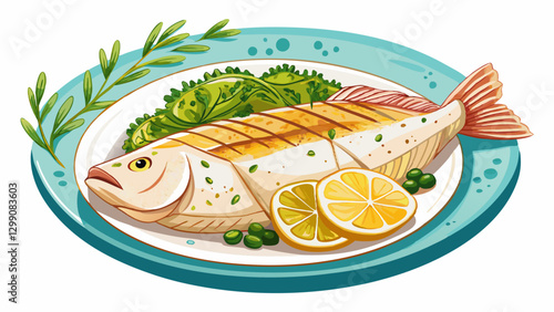 Protein-rich baked cod fillet with herbs and lemon, served on a white plate