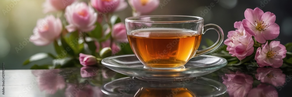 Elegant Tea Cup with Pink Flowers. Serene Moment of Warmth and Floral Beauty Elegant Tea Cup with Pink Flowers. Serene Moment of Warmth and Floral Beauty