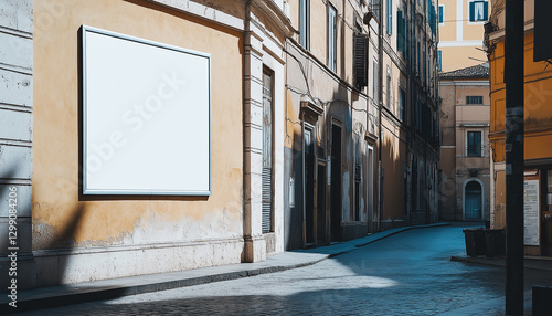 Fototapeta Naklejka Na Ścianę i Meble -  Billboard frame mockup on outdoor wall in Rome. Side view of a large square blank poster on Mediterranean building in bright day light next to entrance.