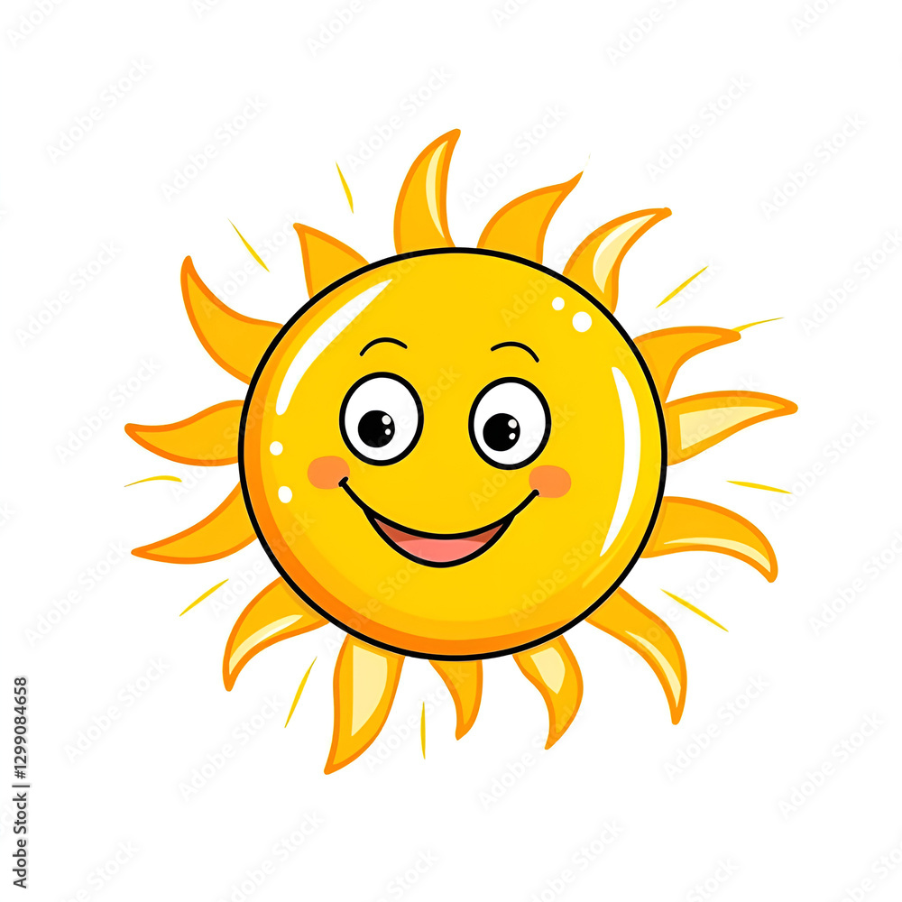 Cheerful cartoon sun with a smiling face and bright yellow rays on a white background Cheerful cartoon sun with a smiling face and bright yellow rays on a white background