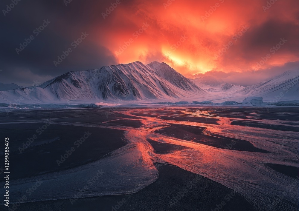 Fototapeta premium A fiery sunrise or sunset over snow-covered mountains, with glowing clouds reflecting on icy terrain