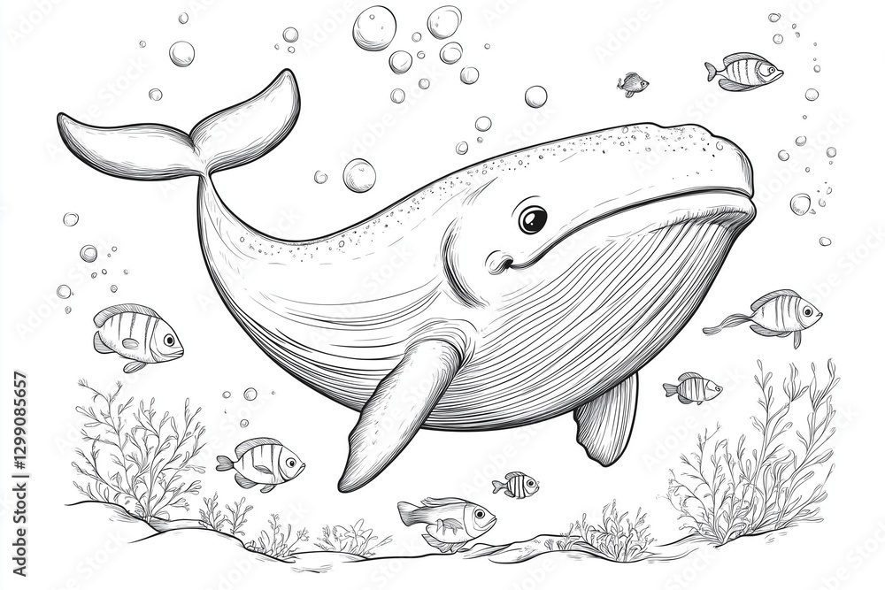 Fototapeta premium Cartoon whale swimming underwater with smaller fish for coloring book pages