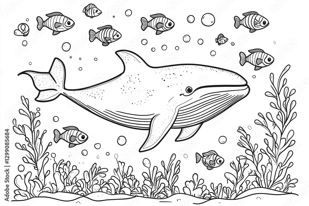 Obraz premium Cartoon whale swimming underwater with smaller fish for coloring book pages