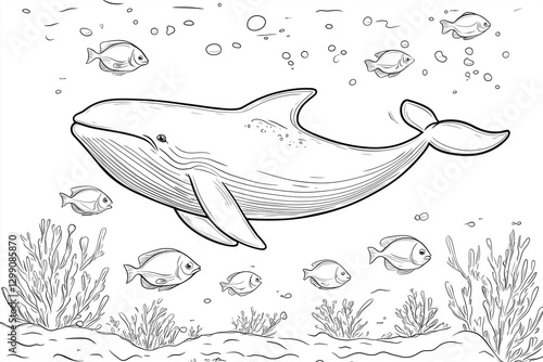 Cartoon whale swimming underwater with smaller fish for coloring book pages