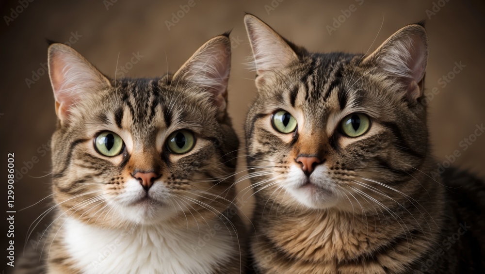 Obraz premium Two Adorable Striped Cats with Green Eyes. Close-Up of Feline Elegance and Beauty
