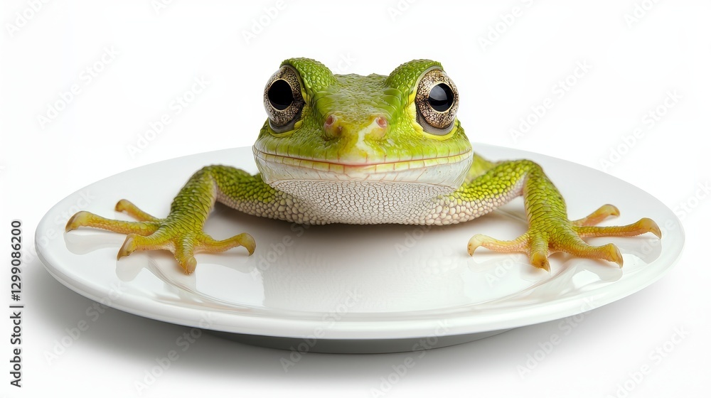 Obraz premium Small Green Frog On A White Plate