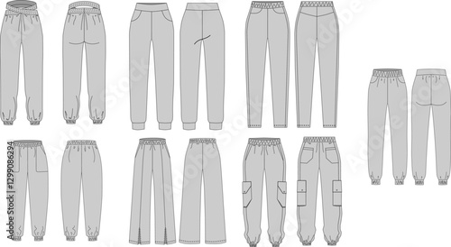 A set of technical illustrations of joggers, front and back views. A variety of women's trousers. CAD layout.