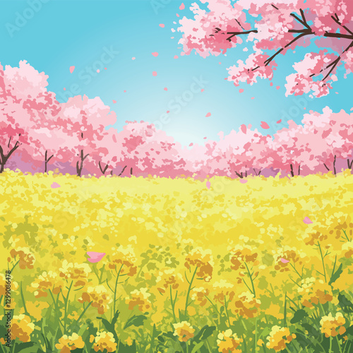 桜と菜の花のある春の風景、ベクター素材