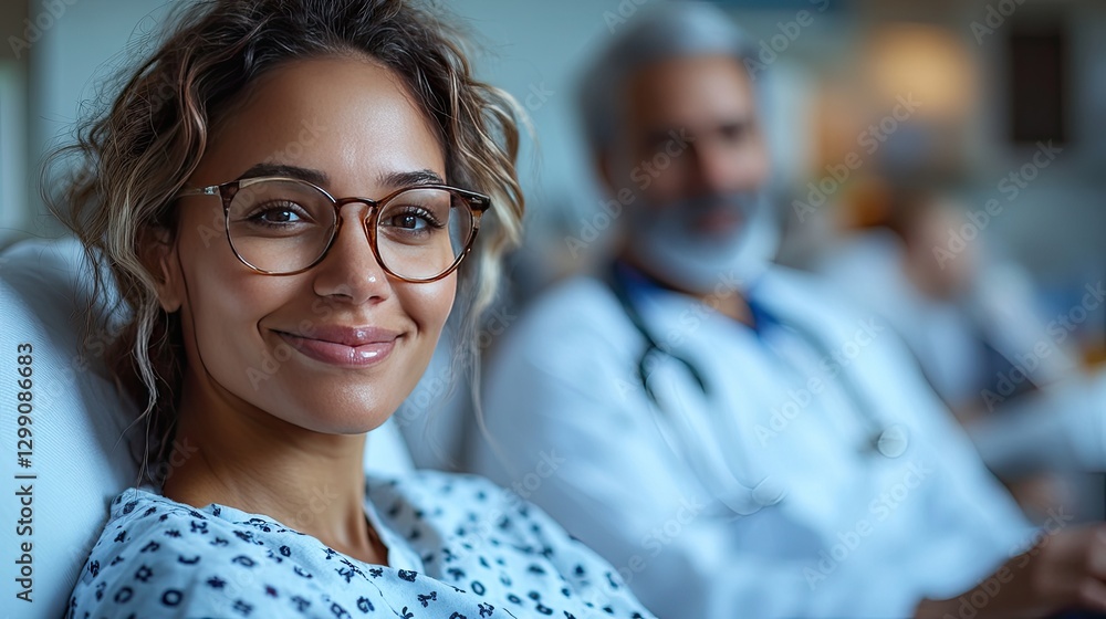 A doctor in a white coat smiles while speaking to a patient in a hospital bed. A doctor in a white coat smiles while speaking to a patient in a hospital bed.