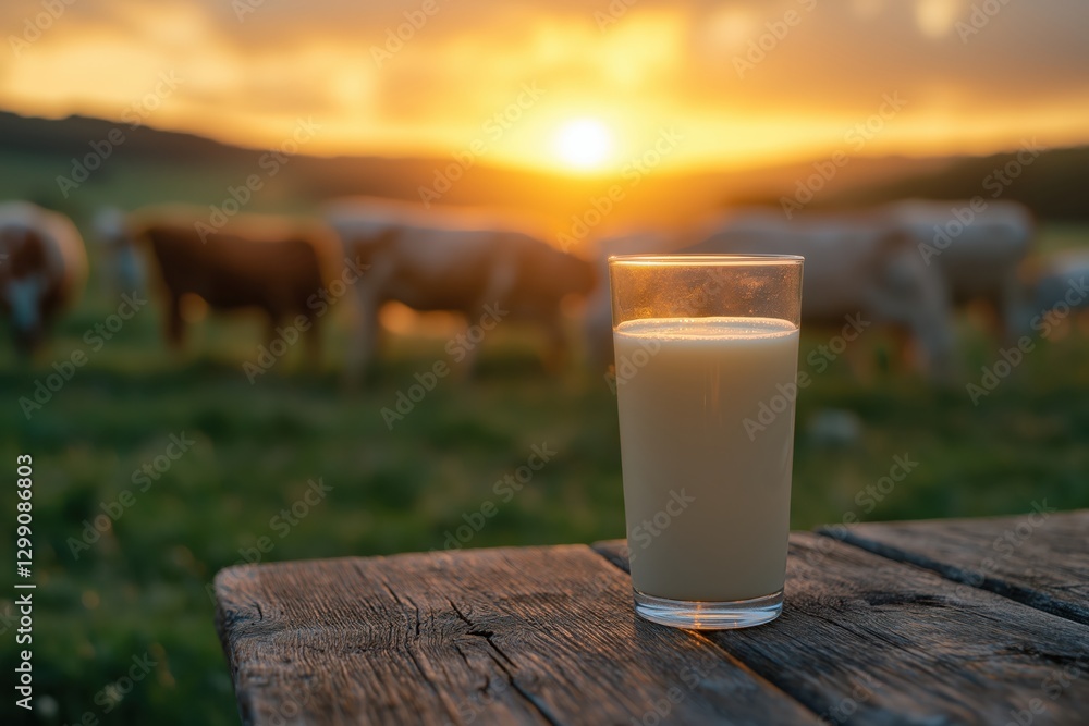 A glass of fresh milk on rustic table, with cows grazing under serene sky A glass of fresh milk on rustic table, with cows grazing under serene sky