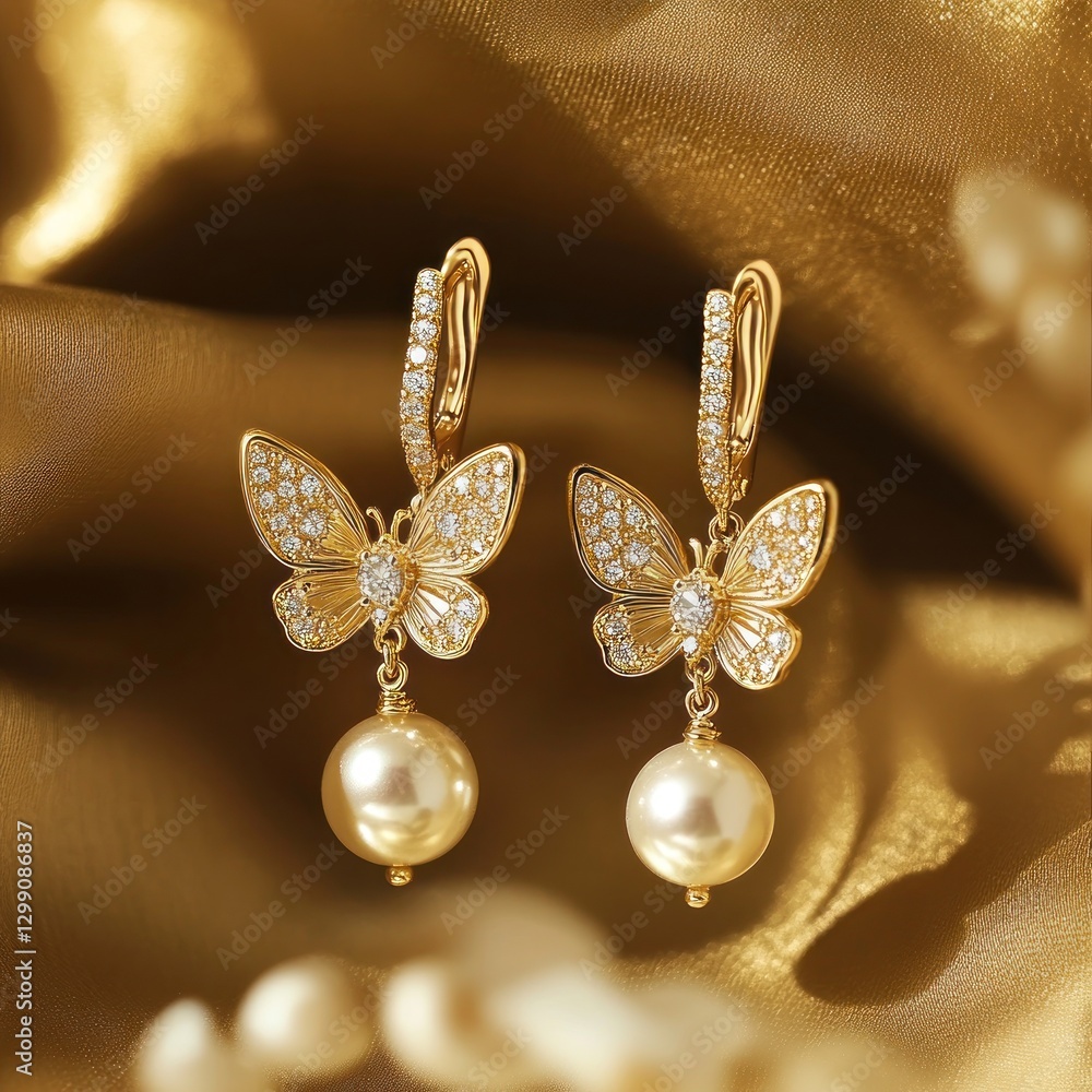Naklejka premium Fine Jewelry Moissanite Pearl Drop Earrings on Textured Gold Background
