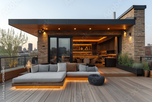 Photographie immobilière d’une terrasse d'appartement moderne sur toit avec sol en bois et mobilier contemporain. rendu 3D, HDR, idées déco et aménagement tendance.