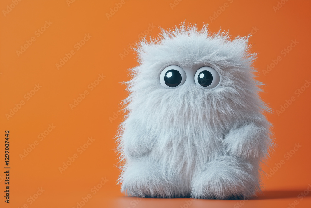 Obraz premium Cute white fluffy monster isolated on a orange background