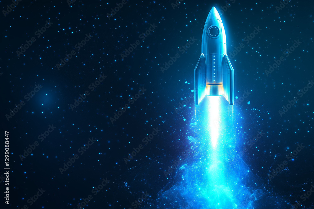 Naklejka premium Glowing blue holographic rocket launch projection in futuristic style