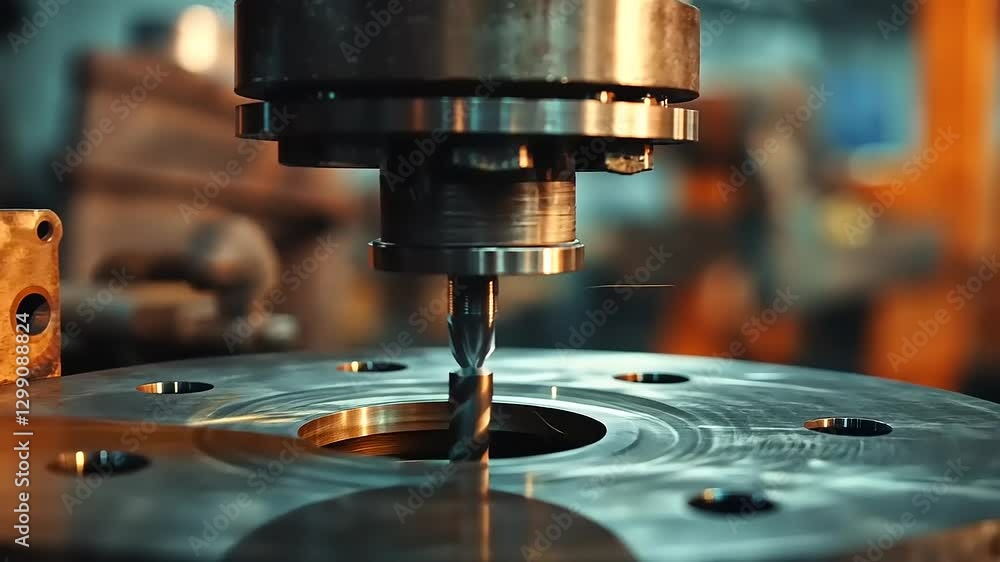 Precision machining process in a factory, with a focus on a cutting tool and metal workpiece Precision machining process in a factory, with a focus on a cutting tool and metal workpiece