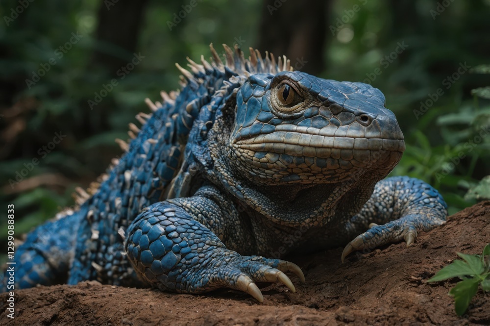 Blue lizard resting on a log in a forest Blue lizard resting on a log in a forest