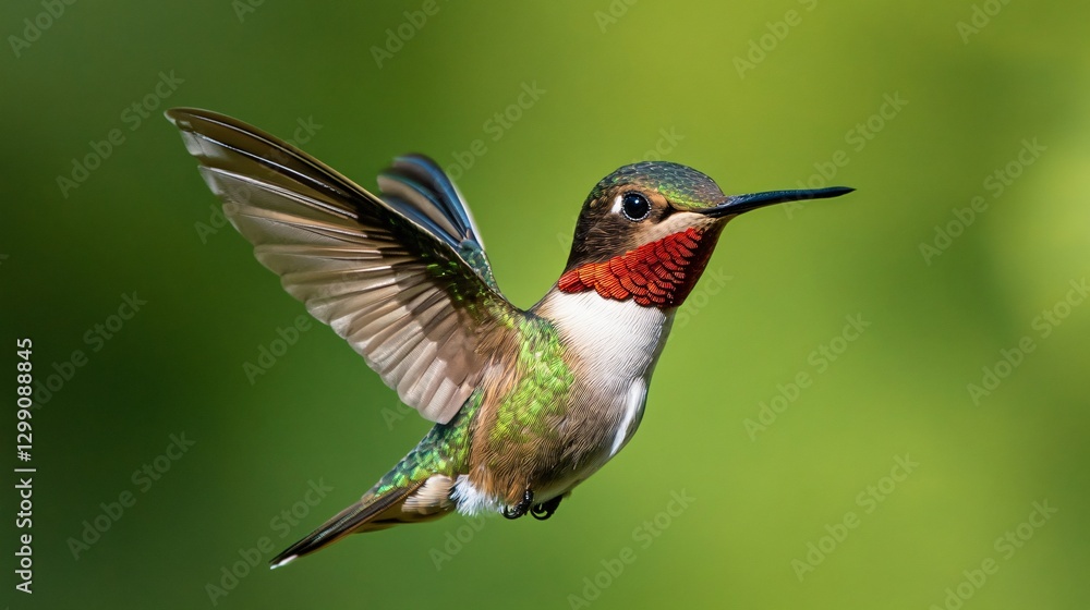Obraz premium Vibrant Ruby-throated Hummingbird Flying over Lush Green Background