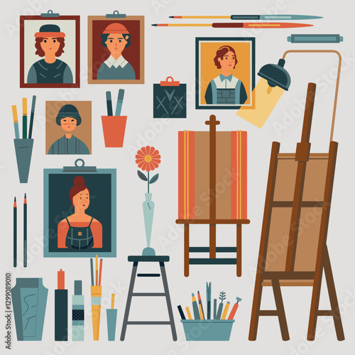 Art studio design elements set isolated on white background. Vector cartoon illustration of portrait and still-life paintings on canvas, wooden easel, stool and lamp, flower in vase, artist workshop