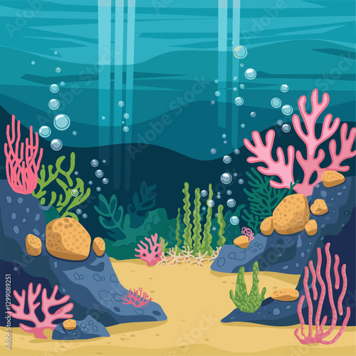 Seabed with bright underwater corals, stones and algae. Cartoon vector of sandy bottom of sea, ocean, or aquarium covered with layer of water with bubbles. Seascape with marine plants and creatures.