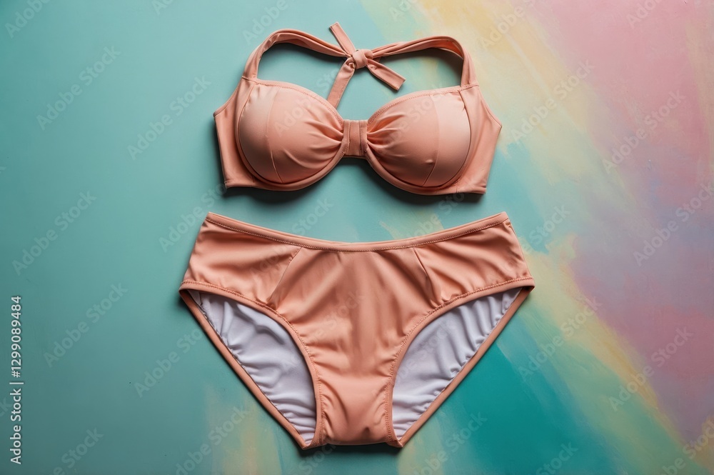 Peach bikini set arranged on a vibrant backdrop Peach bikini set arranged on a vibrant backdrop