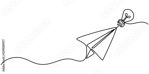 Creative Idea Web Banner with Continuous Line Icon, Paper plane flying up connected with light bulb in one continuous line drawing. Airplane in outline style. Startup business idea concept.