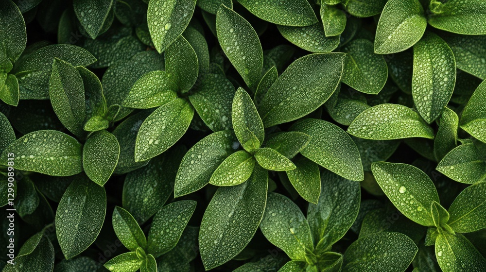 Fototapeta premium Dew Covered Lush Green Leaves Natural Texture