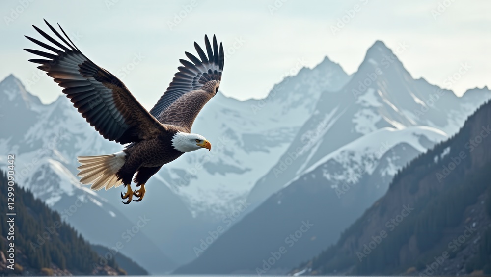 Obraz premium A majestic bald eagle soars high over mountainous terrain with snow-capped peaks in the background, displaying its powerful wings and sharp gaze. Generative, AI,