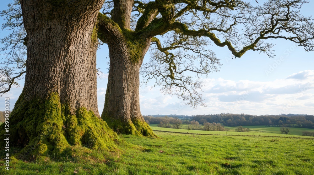 Ancient Trees Covered in Lush Green Moss in Serene Nature Scene Ancient Trees Covered in Lush Green Moss in Serene Nature Scene