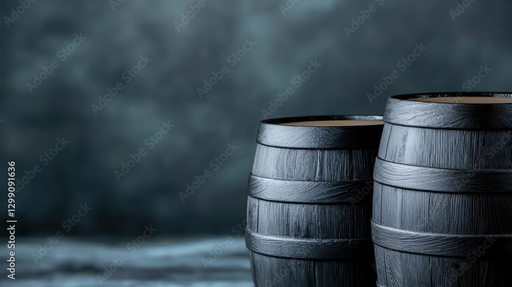 Black Wooden Barrels in a Craft Beer Brewery Setting Black Wooden Barrels in a Craft Beer Brewery Setting