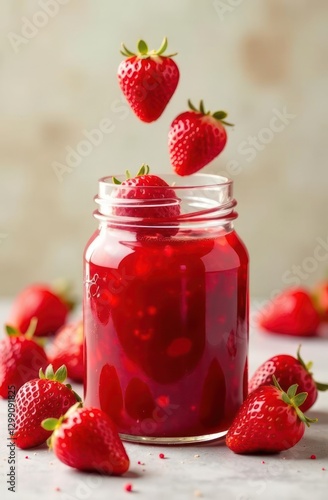 Wallpaper Mural fresh strawberries floating above jar filled with rich red jam on light background. concept of homemade preserves and spring fruit harvest. food photography, recipe book, culinary content. Torontodigital.ca