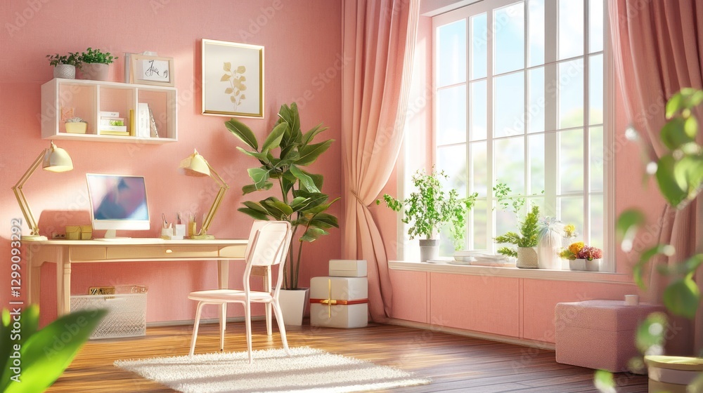 Fototapeta premium Pink Home Office with Plants and Sunlight
