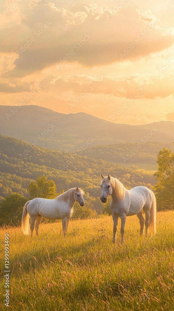Majestic White Horses Grazing in a Field at Sunset, Mountain Landscape in the Background