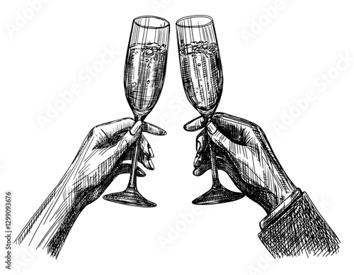 two hands holding champagne flutes and clinking them together in toast cheers bubbles isolated hand drawn sketch illustration event party festive moments poster card design
