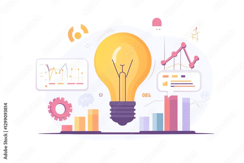 A flat design illustration of a lightbulb with gears and charts, symbolizing innovative business concepts, branding, and strategic goals, with a modern and minimalist aesthetic A flat design illustration of a lightbulb with gears and charts, symbolizing innovative business concepts, branding, and strategic goals, with a modern and minimalist aesthetic