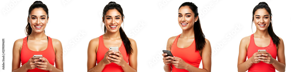 Smiling Woman Using Smartphone On Transparent Background Smiling Woman Using Smartphone On Transparent Background