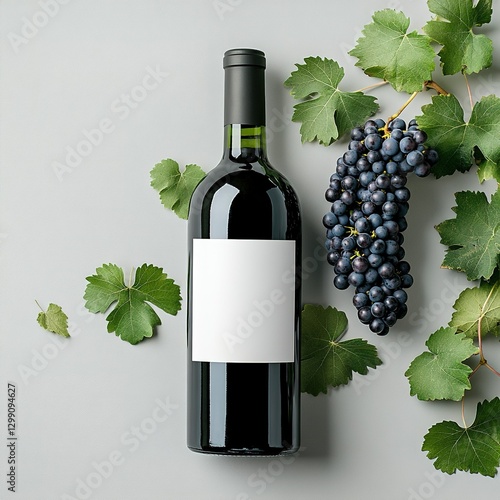 Wine bottle mockup with white label, top view, on the right side of the composition there are grapes and leaves. Advertising for wineries
