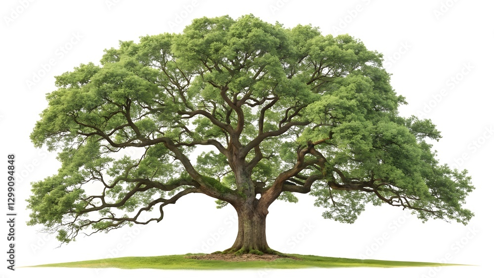 Obraz premium A single green oak, its tall foliage a summer illustration, isolated on white