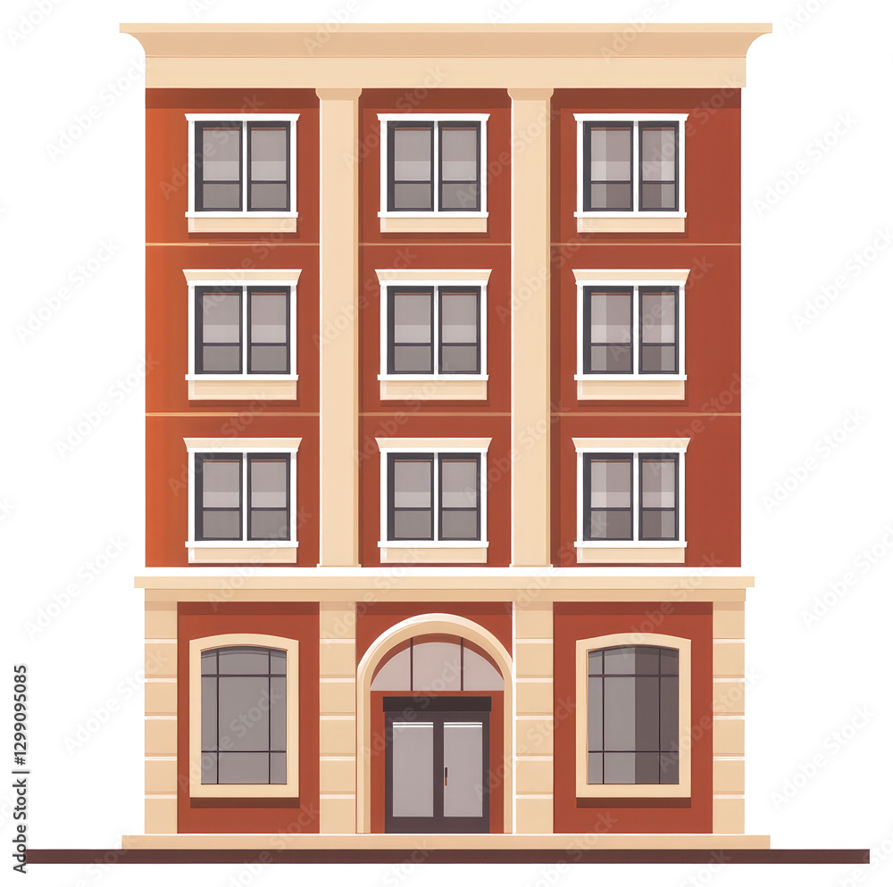 Fototapeta premium A red multi story building with symmetrical windows and a doorway
