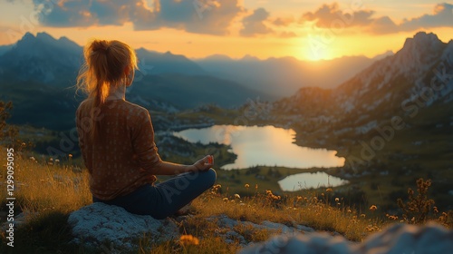 Meditation at Sunset by a Tranquil Mountain Lake Surrounded by Peaks and Nature